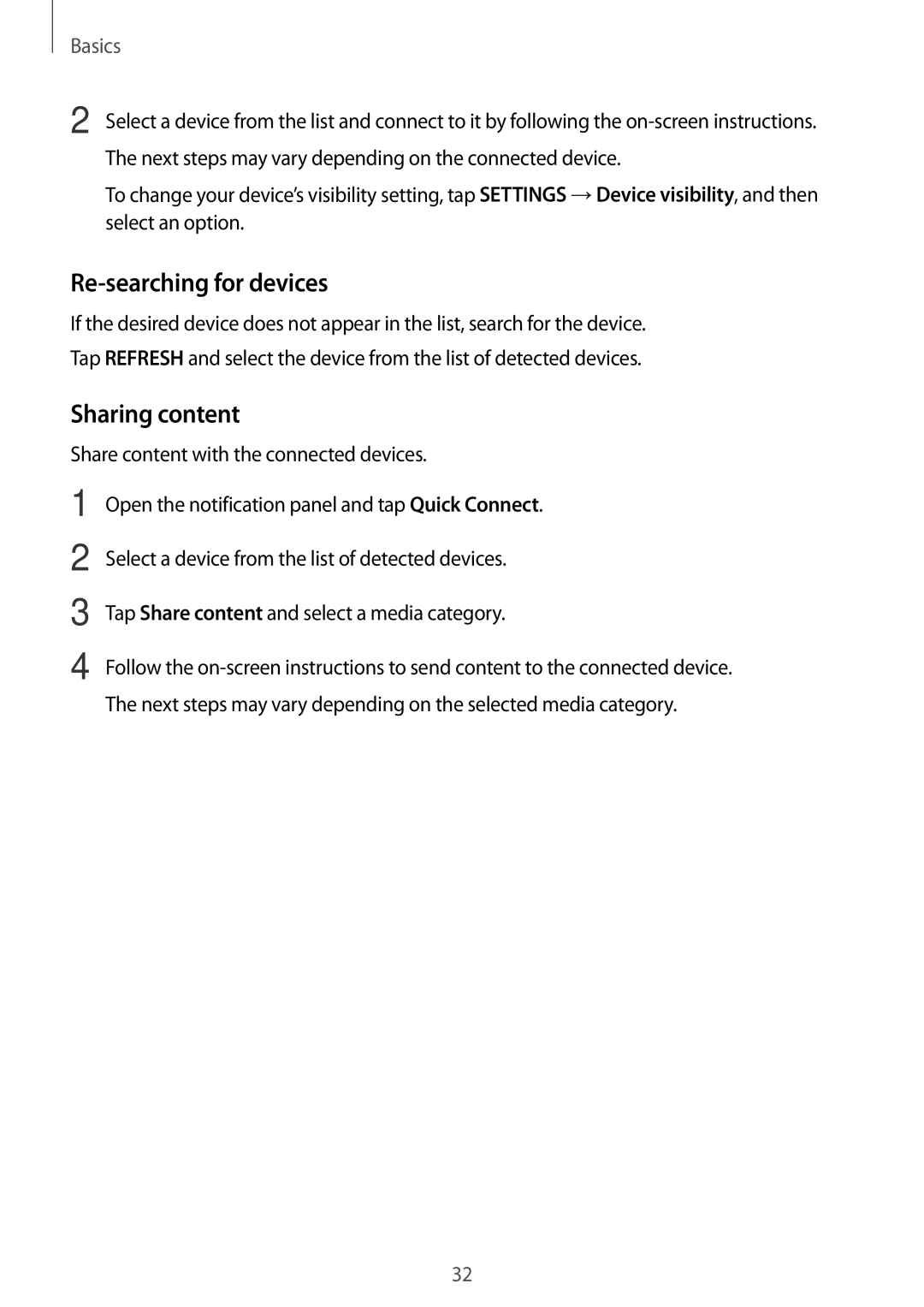 Samsung SM-G903FZSAETL, SM-G903FZKADBT, SM-G903FZDADBT, SM-G903FZSADBT manual Re-searching for devices, Sharing content 