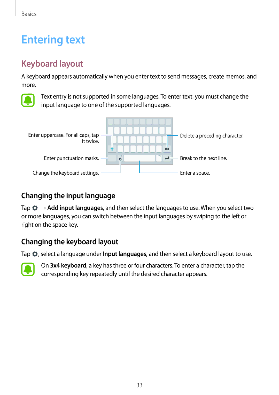 Samsung SM-G903FZSASEB manual Entering text, Keyboard layout, Changing the input language, Changing the keyboard layout 