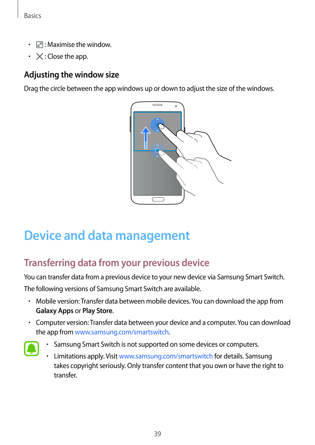 Samsung SM-G903FZKACOS Device and data management, Transferring data from your previous device, Adjusting the window size 