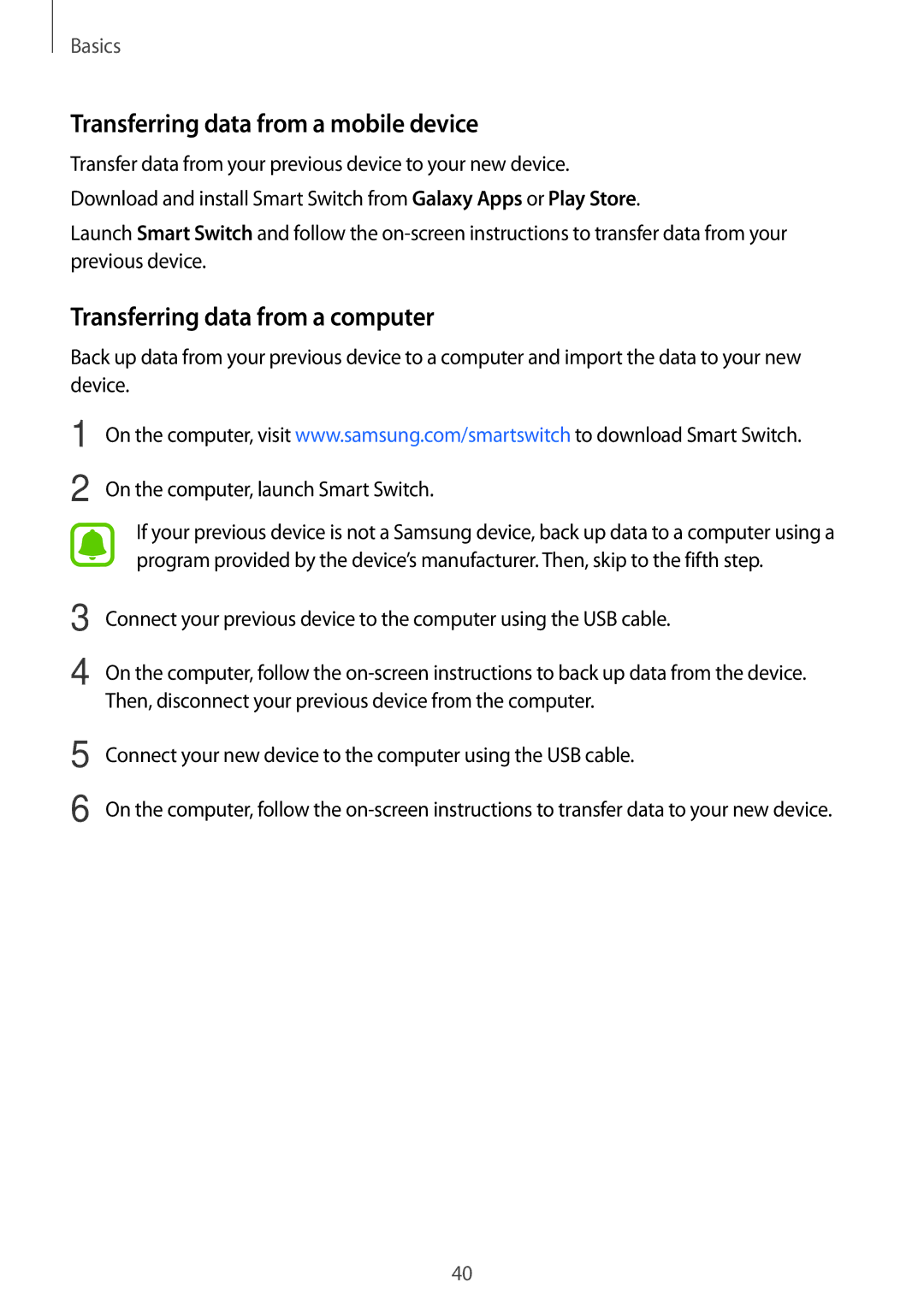 Samsung SM-G903FZKADBT, SM-G903FZDADBT manual Transferring data from a mobile device, Transferring data from a computer 