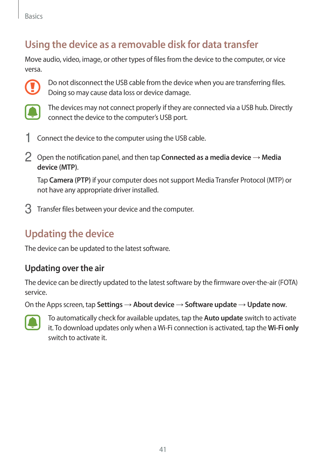 Samsung SM-G903FZDADBT Using the device as a removable disk for data transfer, Updating the device, Updating over the air 