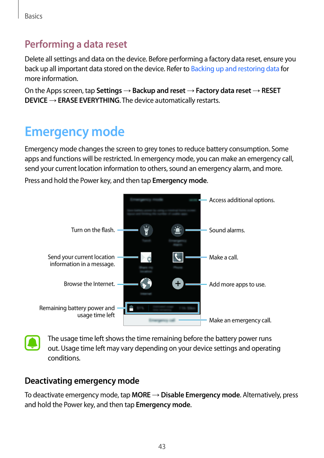 Samsung SM-G903FZSAXEF, SM-G903FZKADBT, SM-G903FZDADBT Emergency mode, Performing a data reset, Deactivating emergency mode 