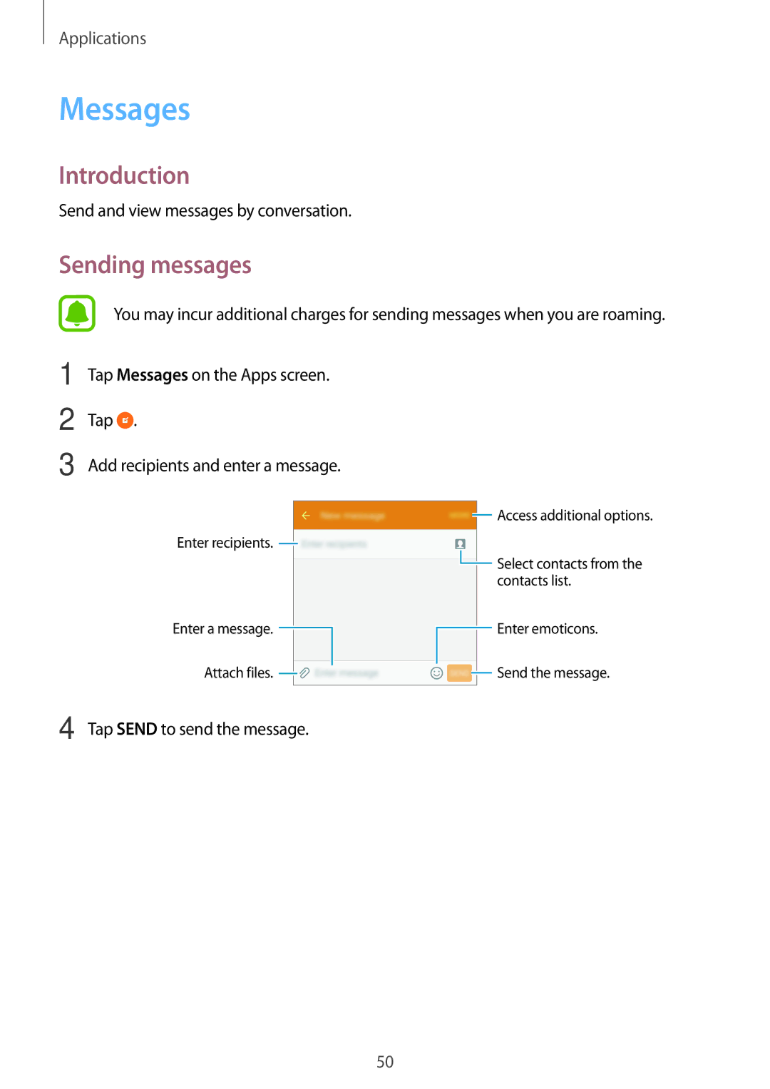 Samsung SM-G903FZDAPHE Messages, Sending messages, Send and view messages by conversation, Tap Send to send the message 