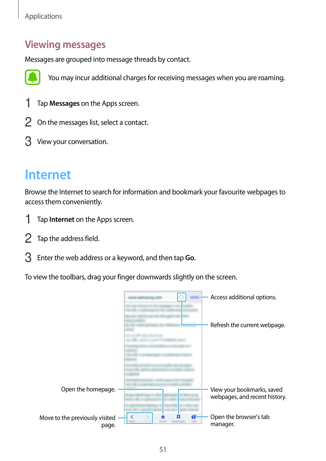 Samsung SM-G903FZKABGL, SM-G903FZKADBT, SM-G903FZDADBT, SM-G903FZSADBT, SM-G903FZSAXEF manual Internet, Viewing messages 