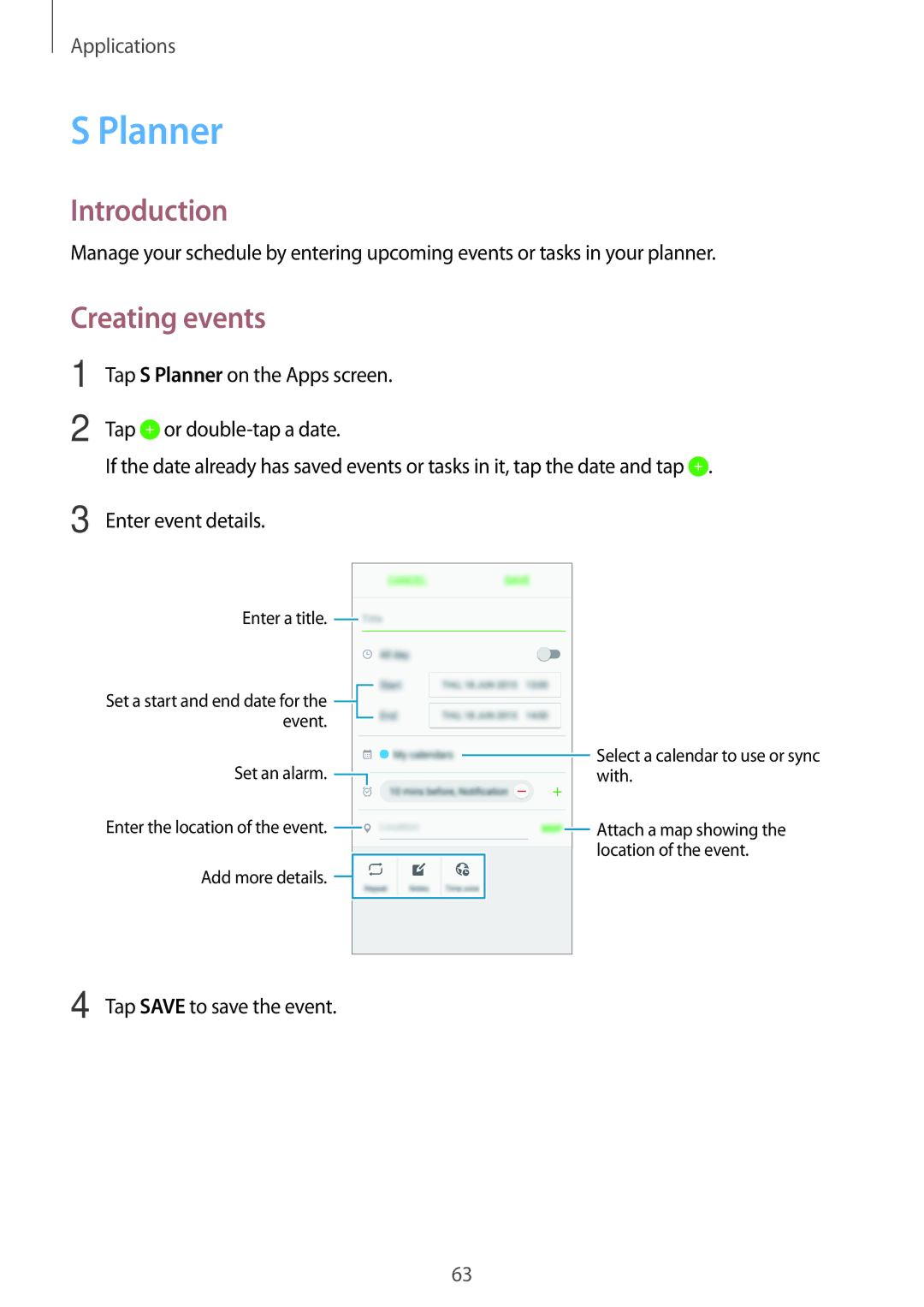 Samsung SM-G903FZSAXEF, SM-G903FZKADBT, SM-G903FZDADBT, SM-G903FZSADBT Planner, Creating events, Tap Save to save the event 