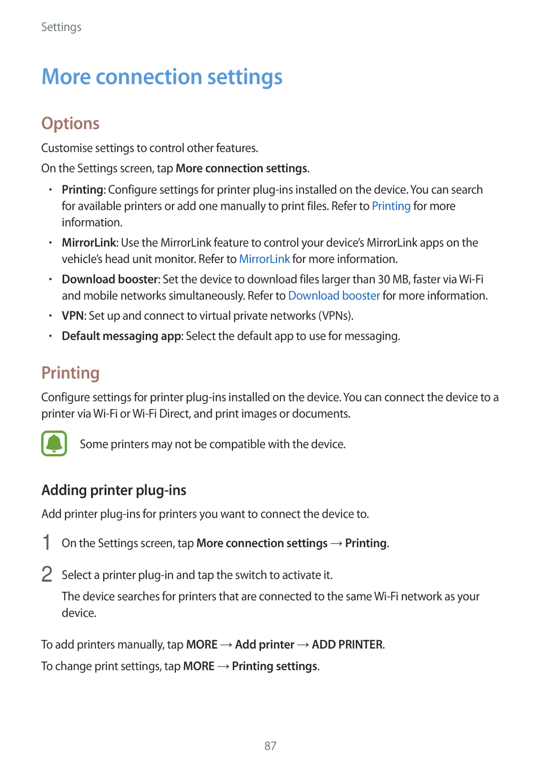 Samsung SM-G903FZDATIM, SM-G903FZKADBT, SM-G903FZDADBT More connection settings, Options, Printing, Adding printer plug-ins 