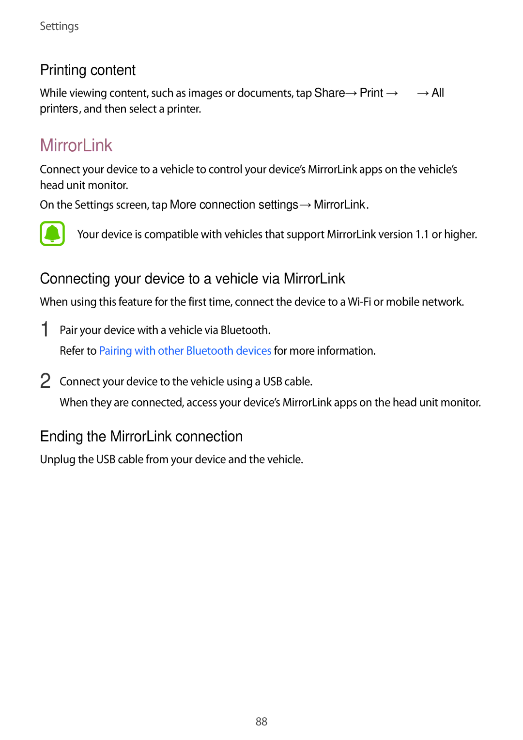 Samsung SM-G903FZSATIM, SM-G903FZKADBT manual Printing content, Connecting your device to a vehicle via MirrorLink 