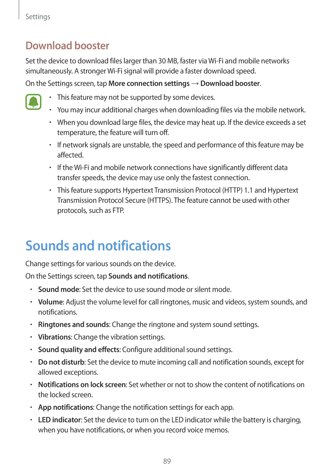 Samsung SM-G903FZKAPHE manual Sounds and notifications, Download booster, This feature may not be supported by some devices 