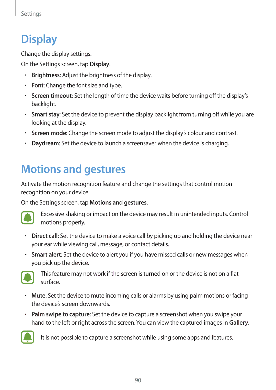 Samsung SM-G903FZDAPHE, SM-G903FZKADBT, SM-G903FZDADBT, SM-G903FZSADBT, SM-G903FZSAXEF manual Display, Motions and gestures 