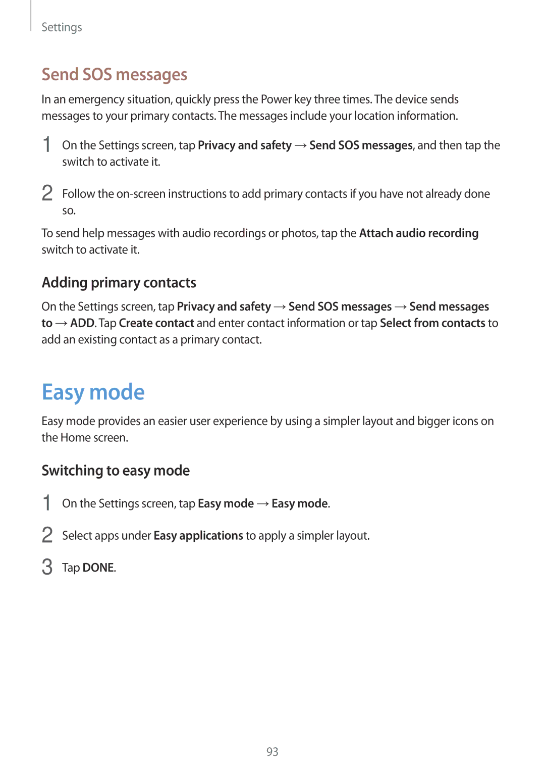 Samsung SM-G903FZSASEB manual Easy mode, Send SOS messages, Adding primary contacts, Switching to easy mode, Tap Done 