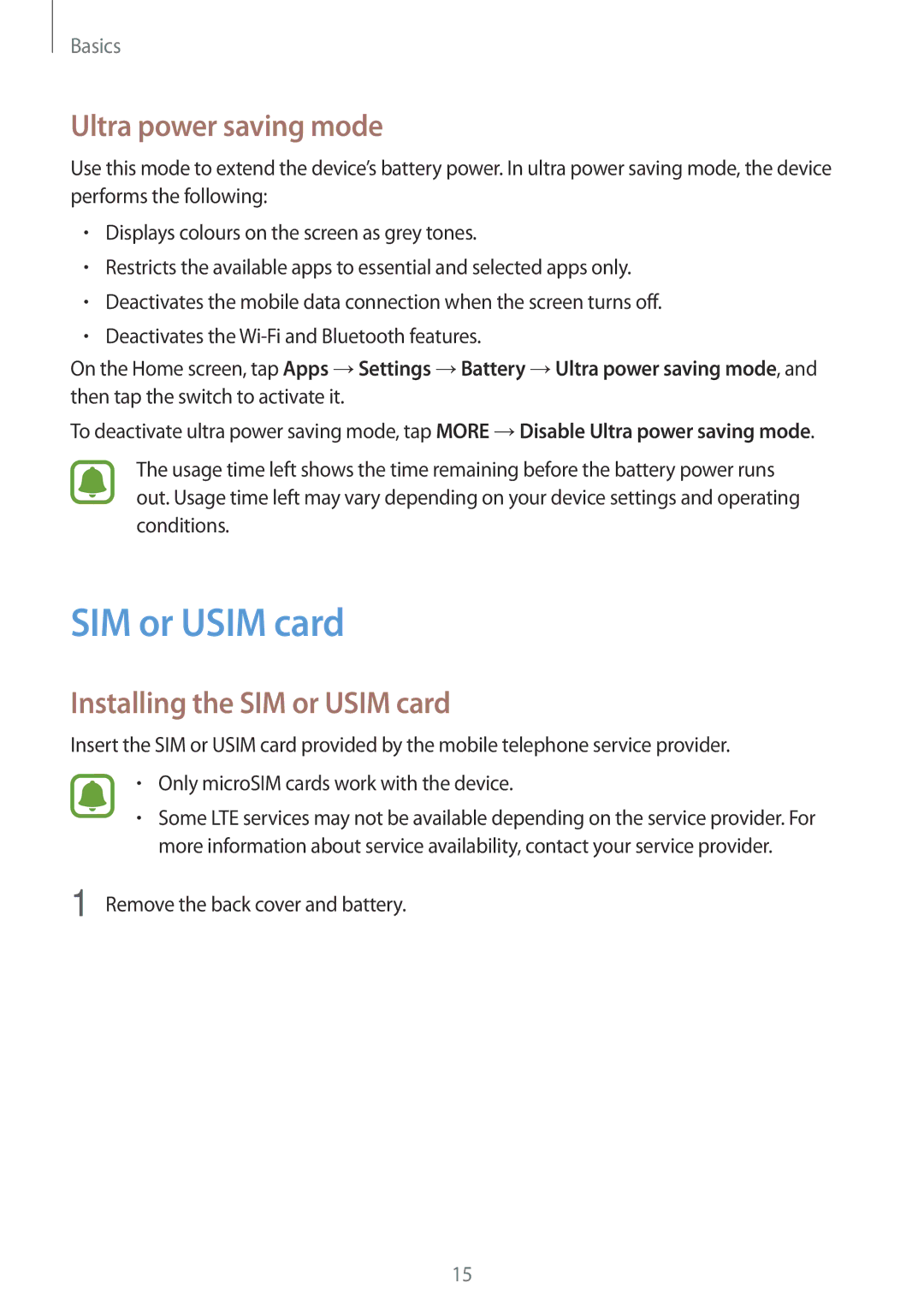 Samsung SM-G903FZDASEB Ultra power saving mode, Installing the SIM or Usim card, Remove the back cover and battery 