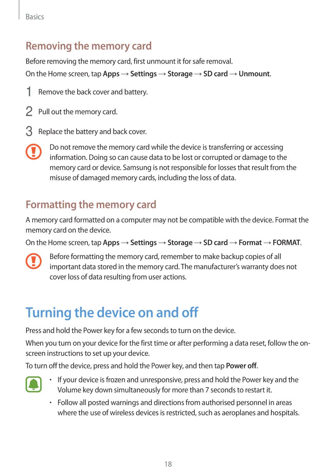 Samsung SM-G903FZDAEUR, SM-G903FZKADBT Turning the device on and off, Removing the memory card, Formatting the memory card 