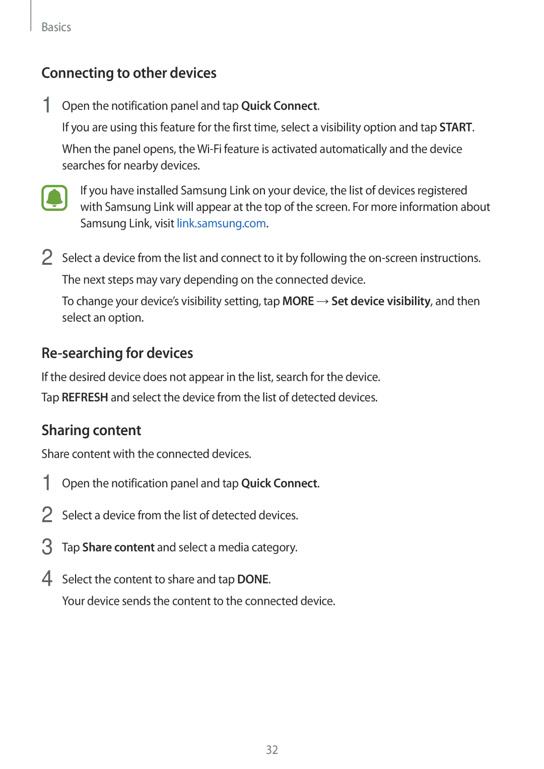 Samsung SM-G903FZSAETL, SM-G903FZKADBT manual Connecting to other devices, Re-searching for devices, Sharing content 