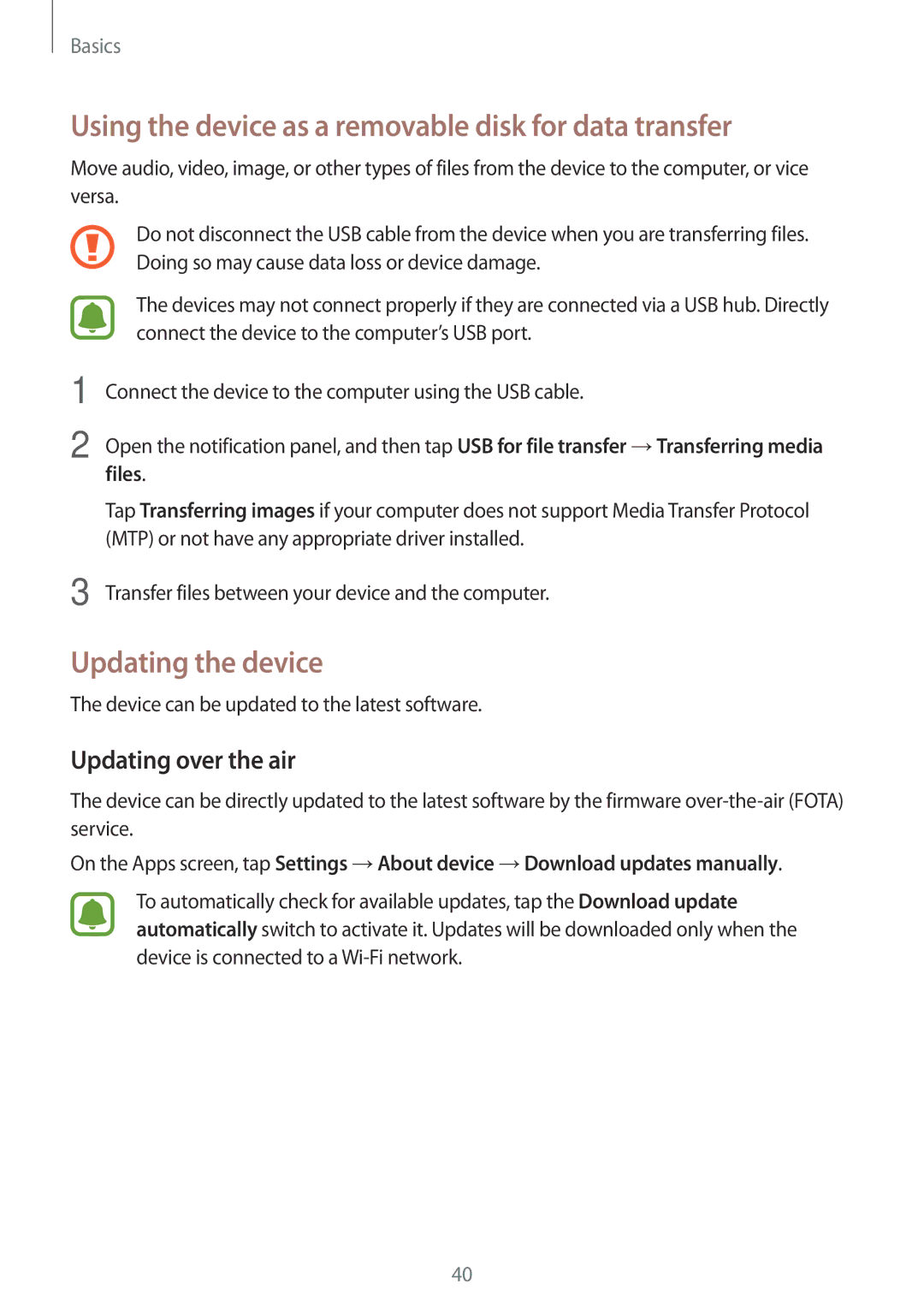 Samsung SM-G903FZKADBT Using the device as a removable disk for data transfer, Updating the device, Updating over the air 