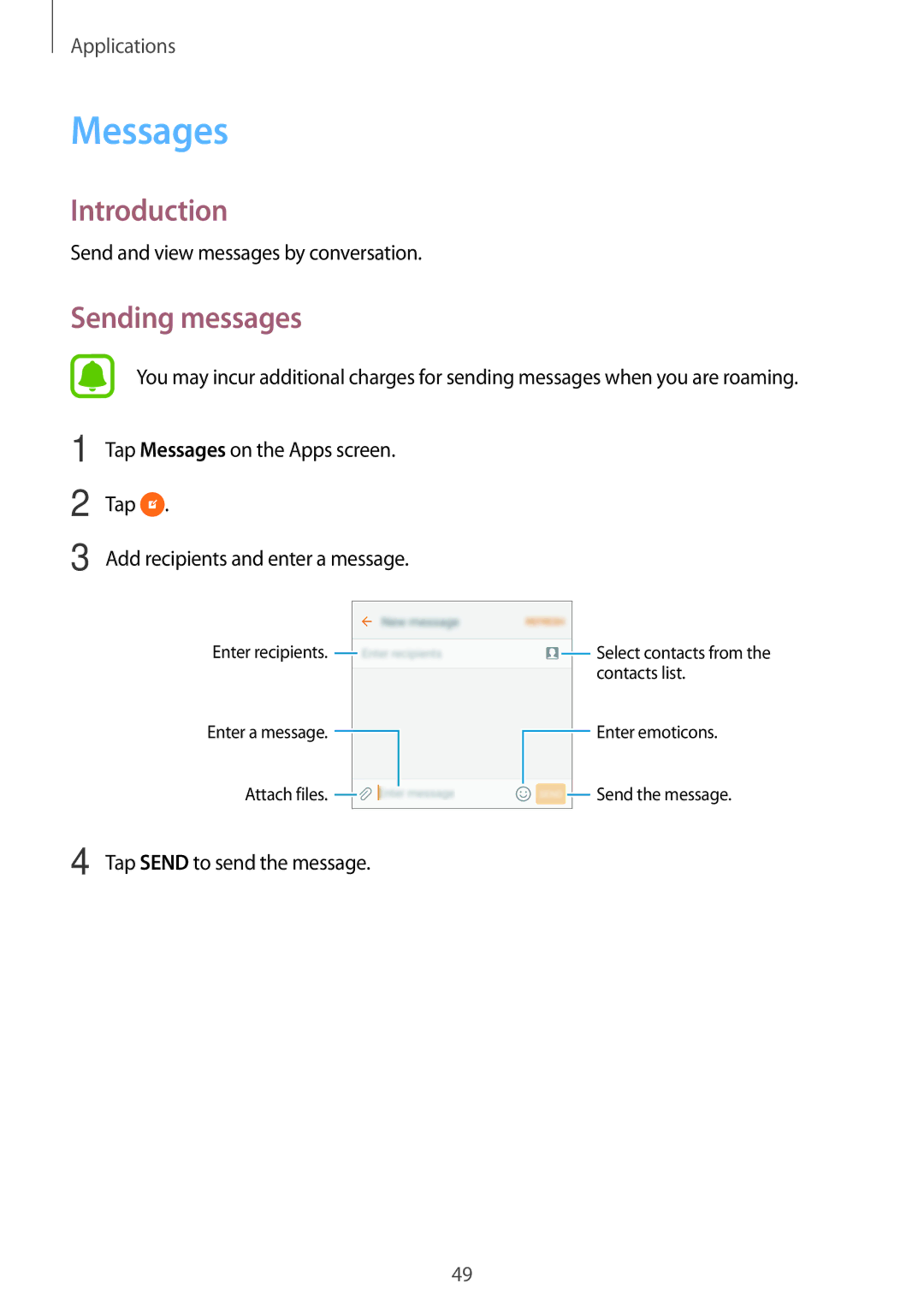 Samsung SM-G903FZKAPHE, SM-G903FZKADBT manual Messages, Sending messages, Send and view messages by conversation, Tap 