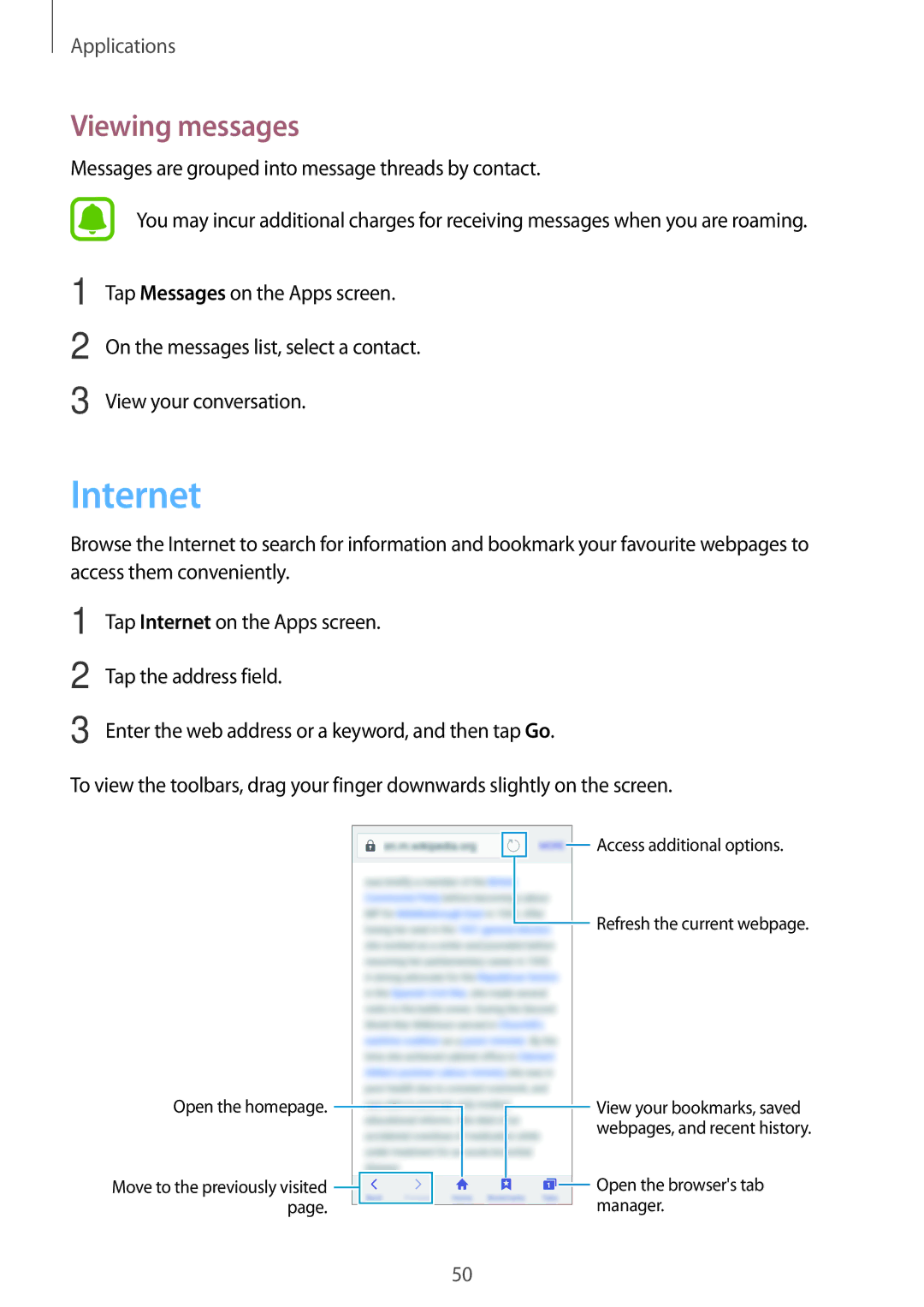 Samsung SM-G903FZDAPHE, SM-G903FZKADBT, SM-G903FZDADBT, SM-G903FZSADBT, SM-G903FZSAXEF manual Internet, Viewing messages 