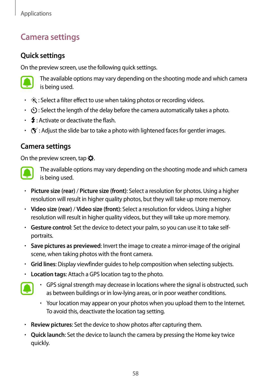 Samsung SM-G903FZDAEUR, SM-G903FZKADBT, SM-G903FZDADBT, SM-G903FZSADBT, SM-G903FZSAXEF manual Camera settings, Quick settings 