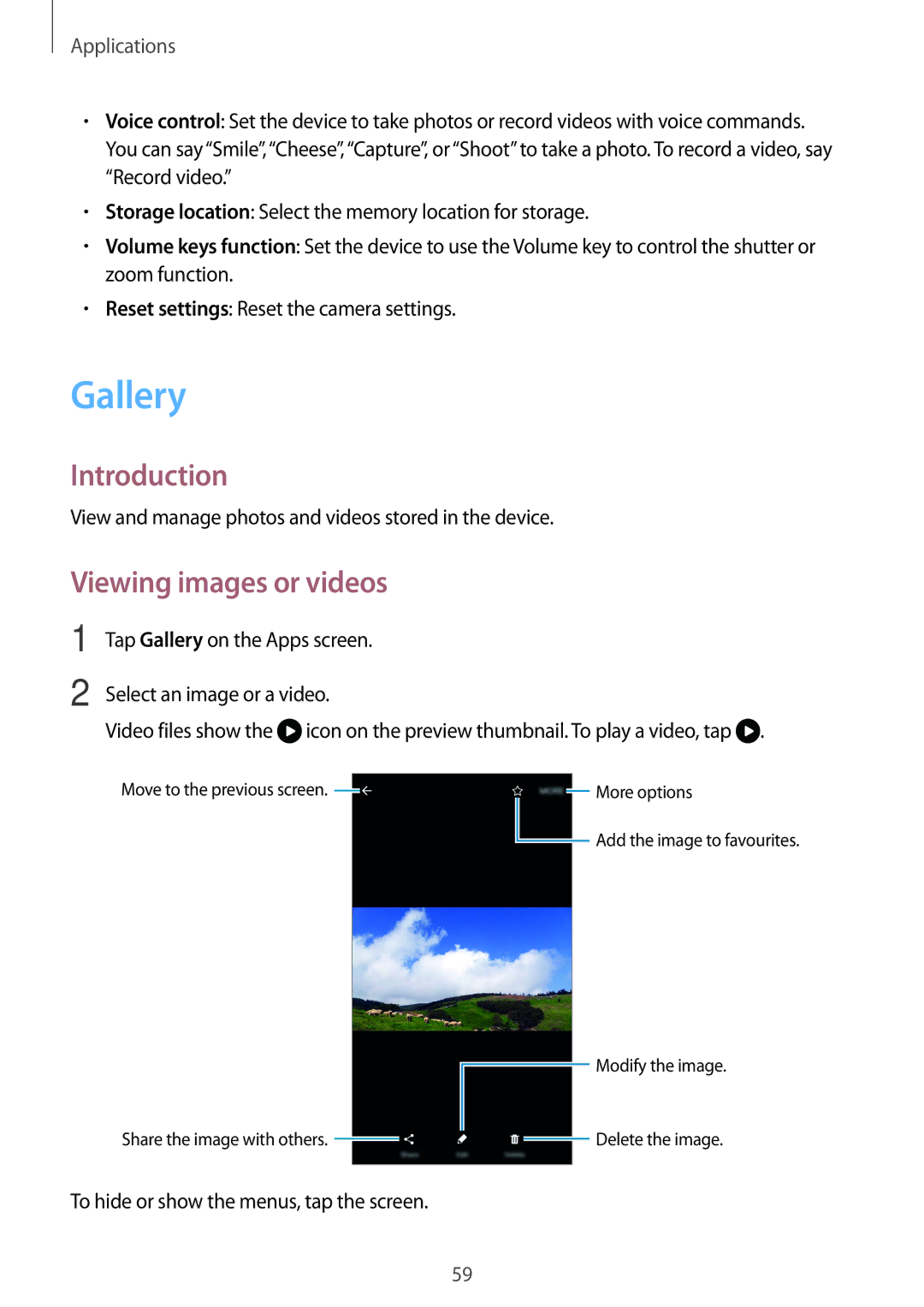 Samsung SM-G903FZKACOS manual Gallery, Viewing images or videos, View and manage photos and videos stored in the device 