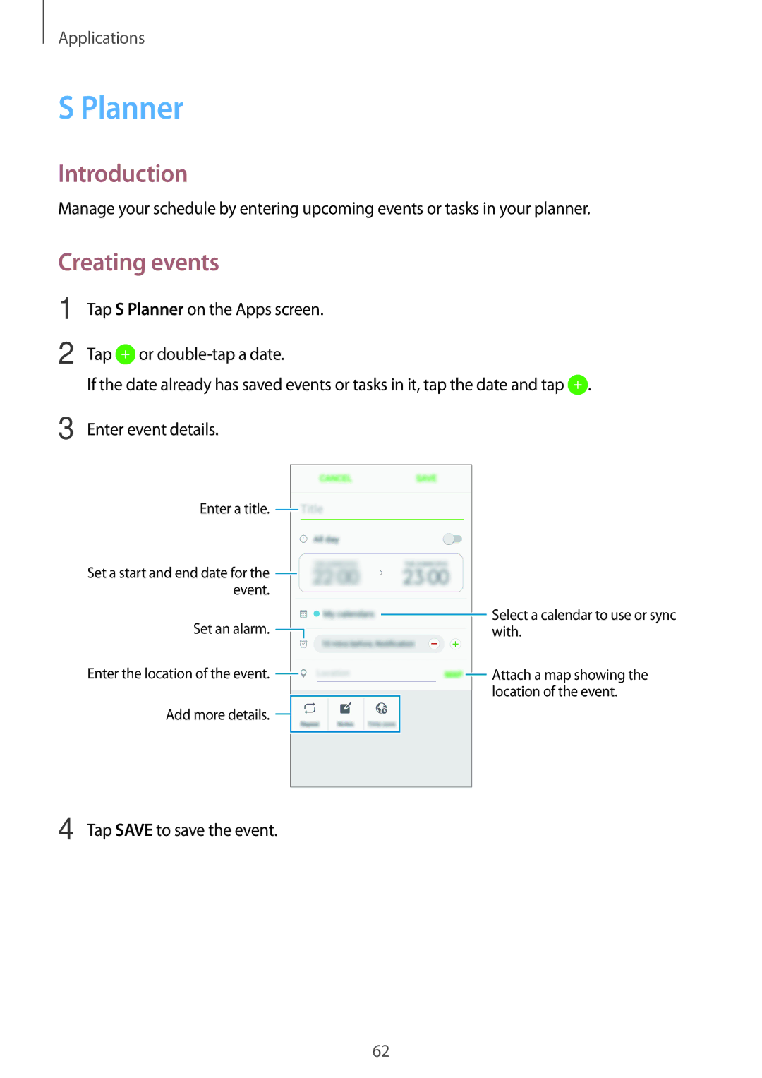 Samsung SM-G903FZSADBT, SM-G903FZKADBT, SM-G903FZDADBT, SM-G903FZSAXEF Planner, Creating events, Tap Save to save the event 