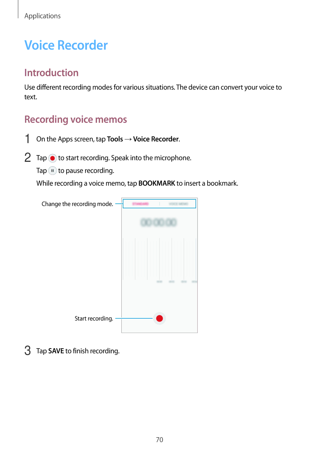 Samsung SM-G903FZDAPHE, SM-G903FZKADBT, SM-G903FZDADBT Voice Recorder, Recording voice memos, Tap Save to finish recording 