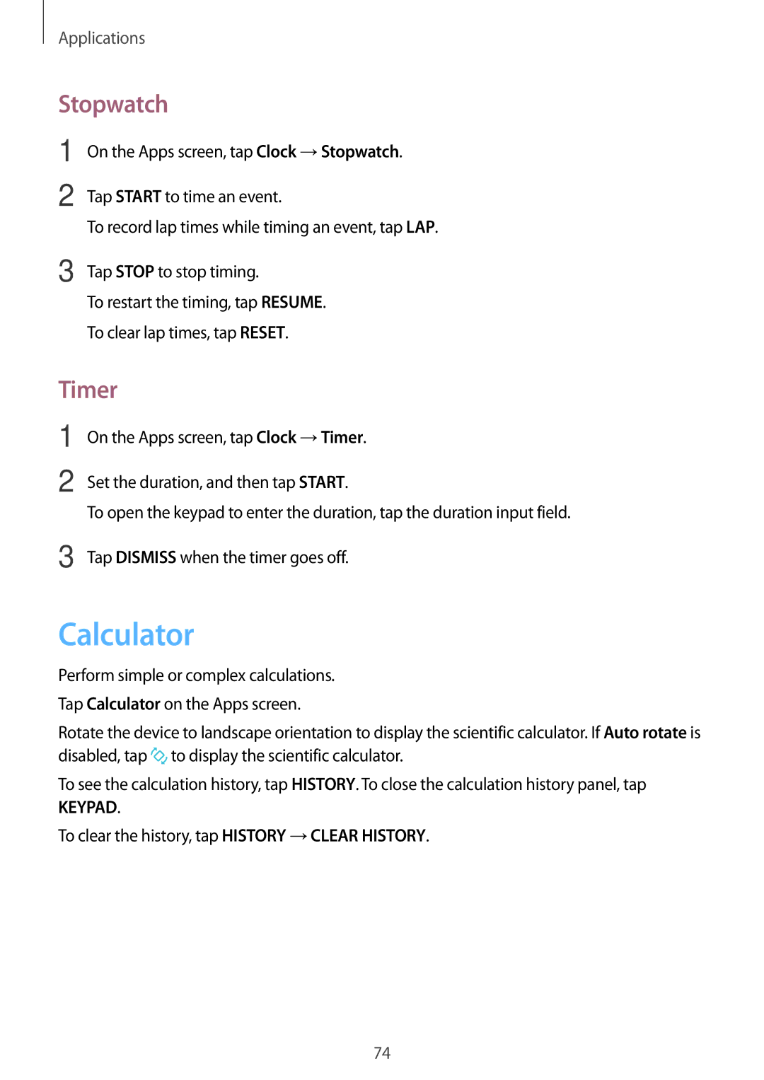 Samsung SM-G903FZKASEB, SM-G903FZKADBT manual Calculator, Stopwatch, Timer, To clear the history, tap History →CLEAR History 