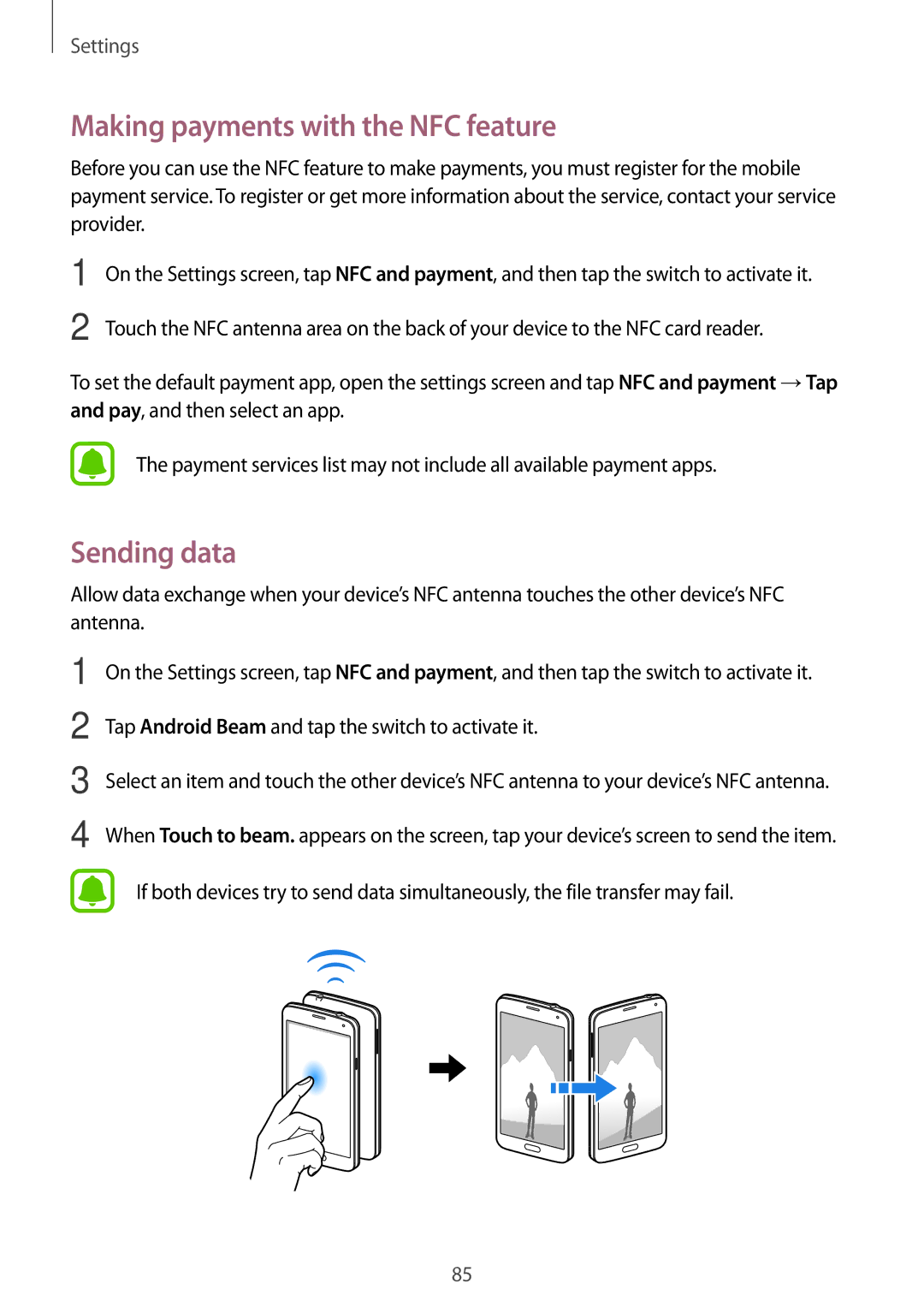 Samsung SM-G903FZDAXEF, SM-G903FZKADBT, SM-G903FZDADBT, SM-G903FZSADBT Making payments with the NFC feature, Sending data 