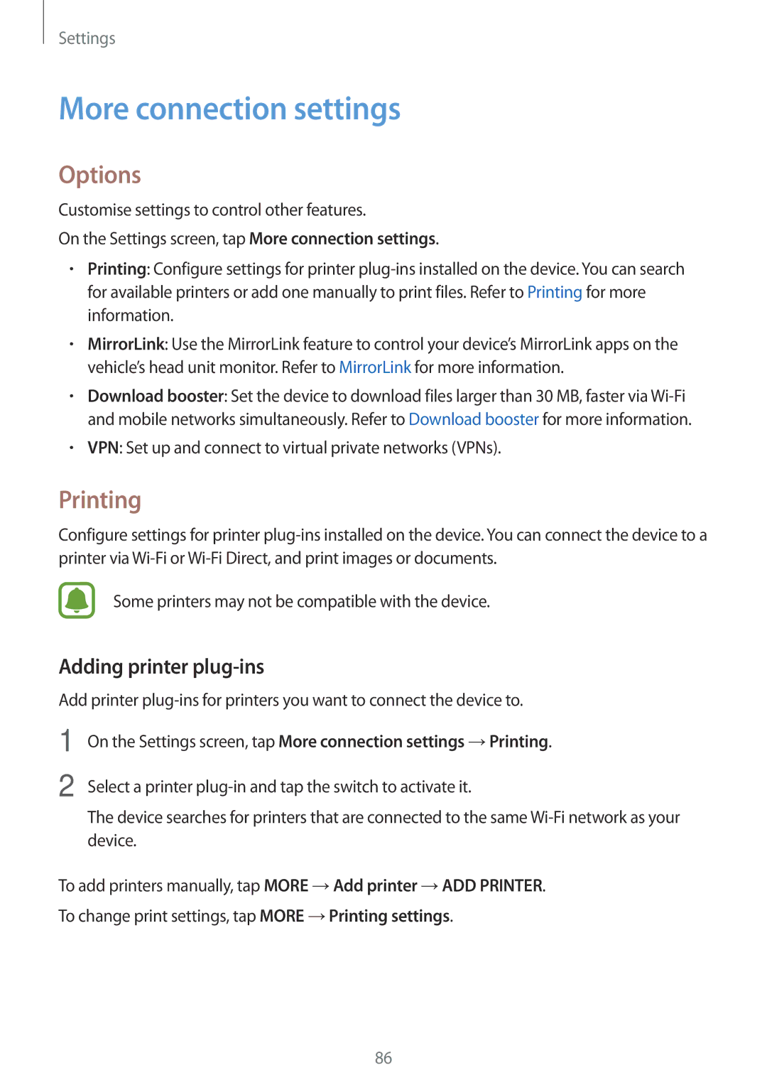 Samsung SM-G903FZKATIM, SM-G903FZKADBT, SM-G903FZDADBT More connection settings, Options, Printing, Adding printer plug-ins 