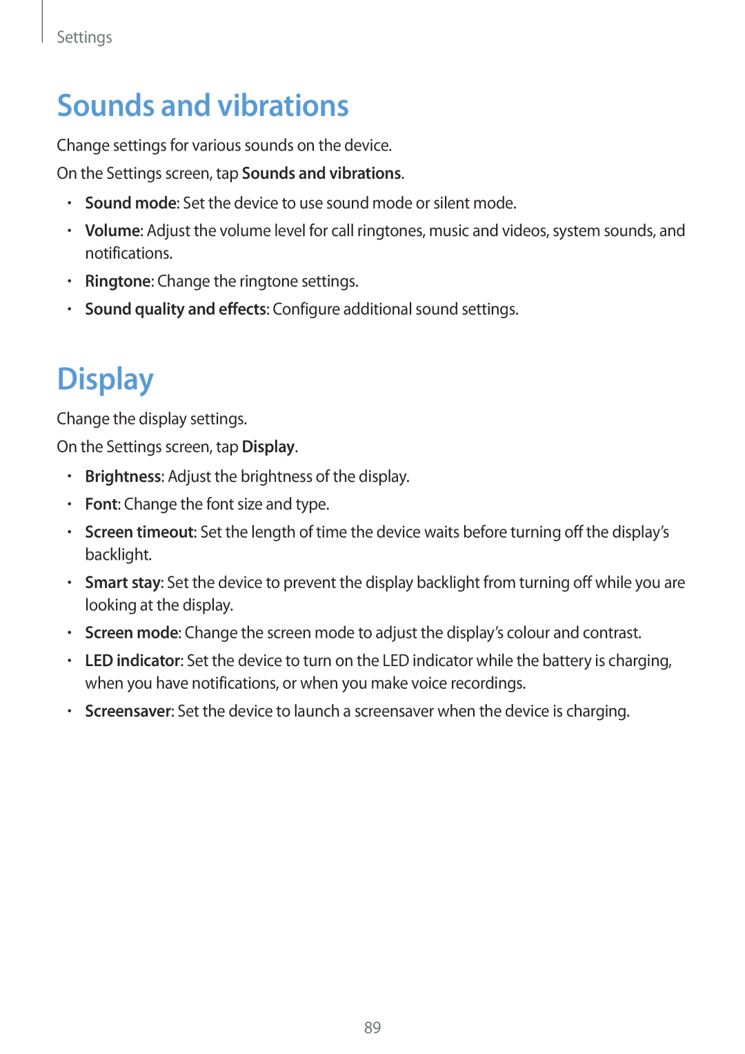 Samsung SM-G903FZKAPHE, SM-G903FZKADBT, SM-G903FZDADBT, SM-G903FZSADBT, SM-G903FZSAXEF manual Sounds and vibrations, Display 