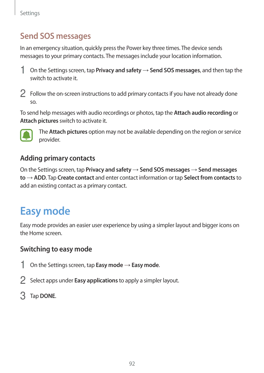 Samsung SM-G903FZSAETL manual Easy mode, Send SOS messages, Adding primary contacts, Switching to easy mode, Tap Done 