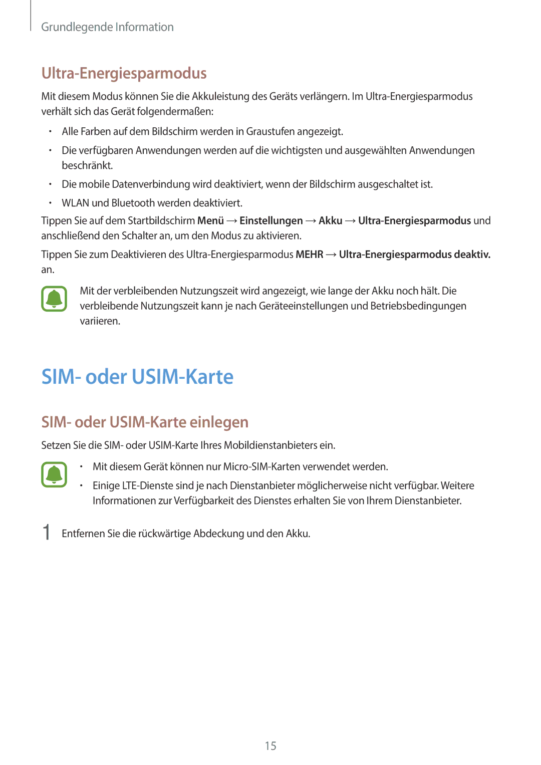 Samsung SM-G903FZKADBT, SM-G903FZDADBT, SM-G903FZSADBT manual Ultra-Energiesparmodus, SIM- oder USIM-Karte einlegen 