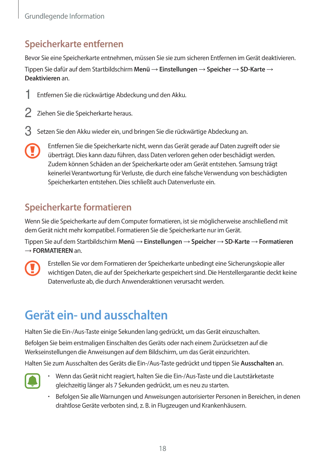 Samsung SM-G903FZKADBT, SM-G903FZDADBT manual Gerät ein- und ausschalten, Speicherkarte entfernen, Speicherkarte formatieren 