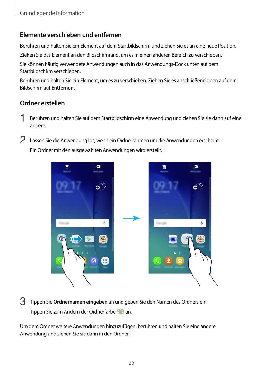 Samsung SM-G903FZDADBT, SM-G903FZKADBT, SM-G903FZSADBT manual Elemente verschieben und entfernen, Ordner erstellen 