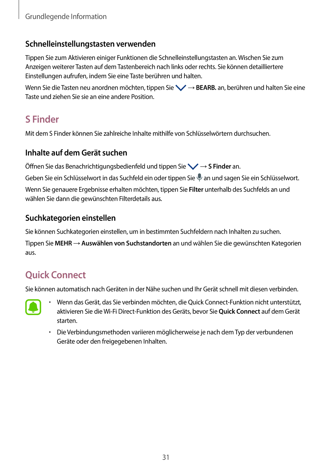 Samsung SM-G903FZDADBT manual Finder, Quick Connect, Schnelleinstellungstasten verwenden, Inhalte auf dem Gerät suchen 