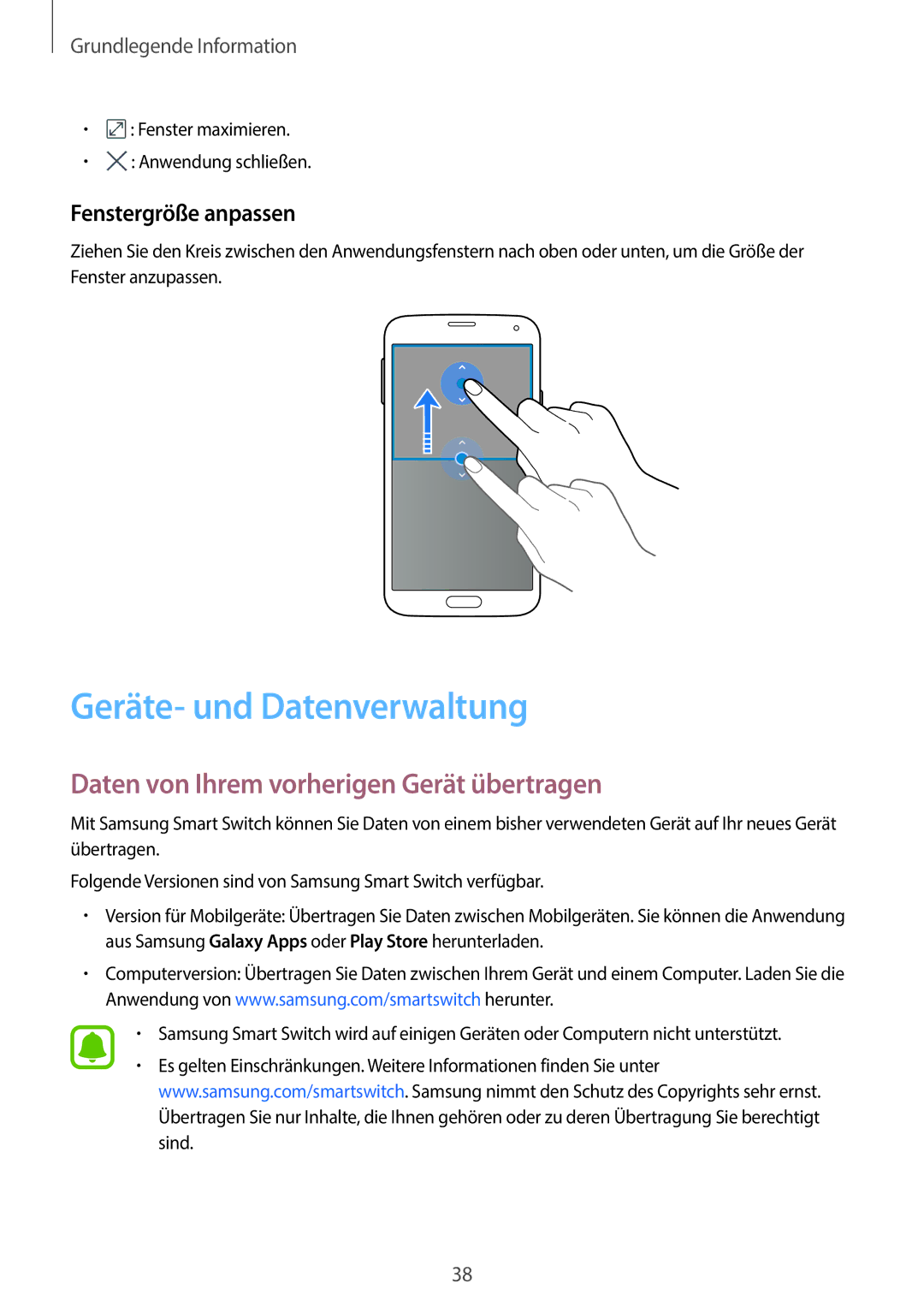 Samsung SM-G903FZSADBT Geräte- und Datenverwaltung, Daten von Ihrem vorherigen Gerät übertragen, Fenstergröße anpassen 