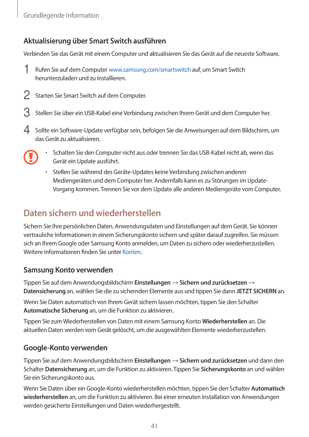 Samsung SM-G903FZSADBT, SM-G903FZKADBT manual Daten sichern und wiederherstellen, Aktualisierung über Smart Switch ausführen 