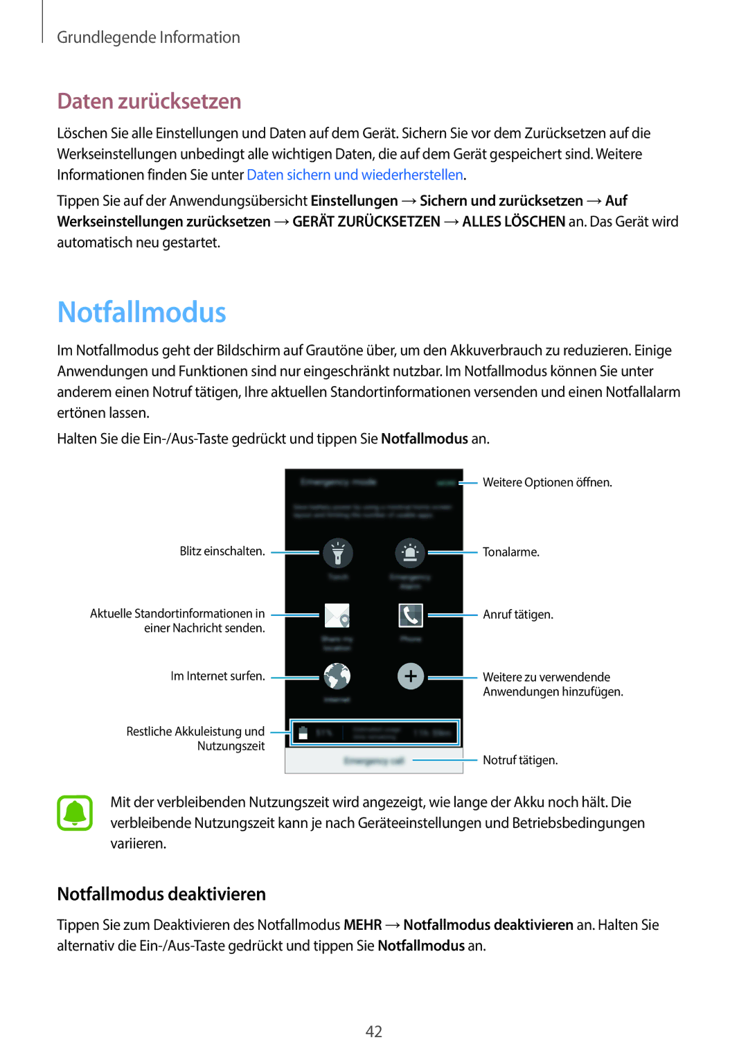 Samsung SM-G903FZKADBT, SM-G903FZDADBT, SM-G903FZSADBT manual Daten zurücksetzen, Notfallmodus deaktivieren 