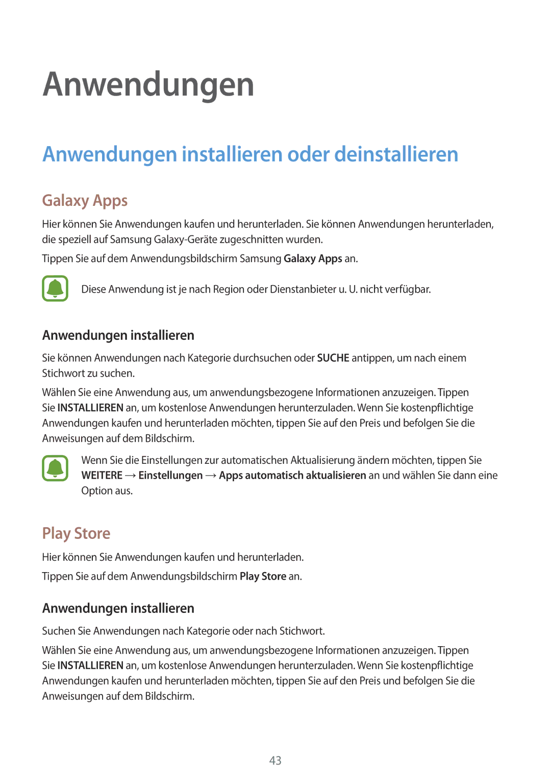 Samsung SM-G903FZDADBT, SM-G903FZKADBT manual Anwendungen installieren oder deinstallieren, Galaxy Apps, Play Store 