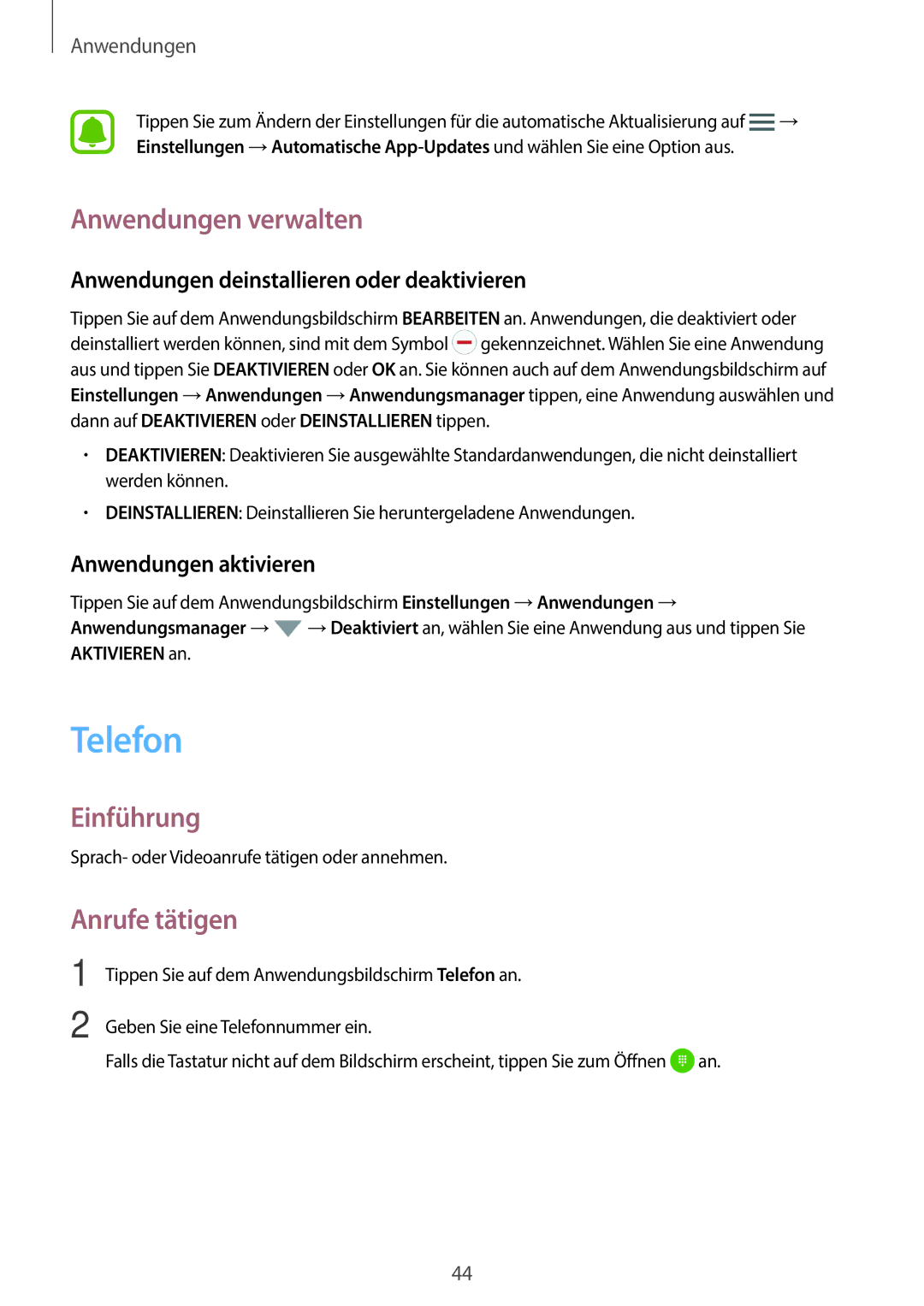 Samsung SM-G903FZSADBT manual Telefon, Anwendungen verwalten, Anrufe tätigen, Anwendungen deinstallieren oder deaktivieren 