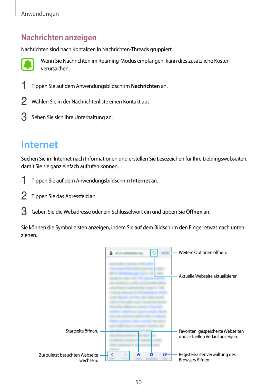 Samsung SM-G903FZSADBT, SM-G903FZKADBT, SM-G903FZDADBT manual Internet, Nachrichten anzeigen 