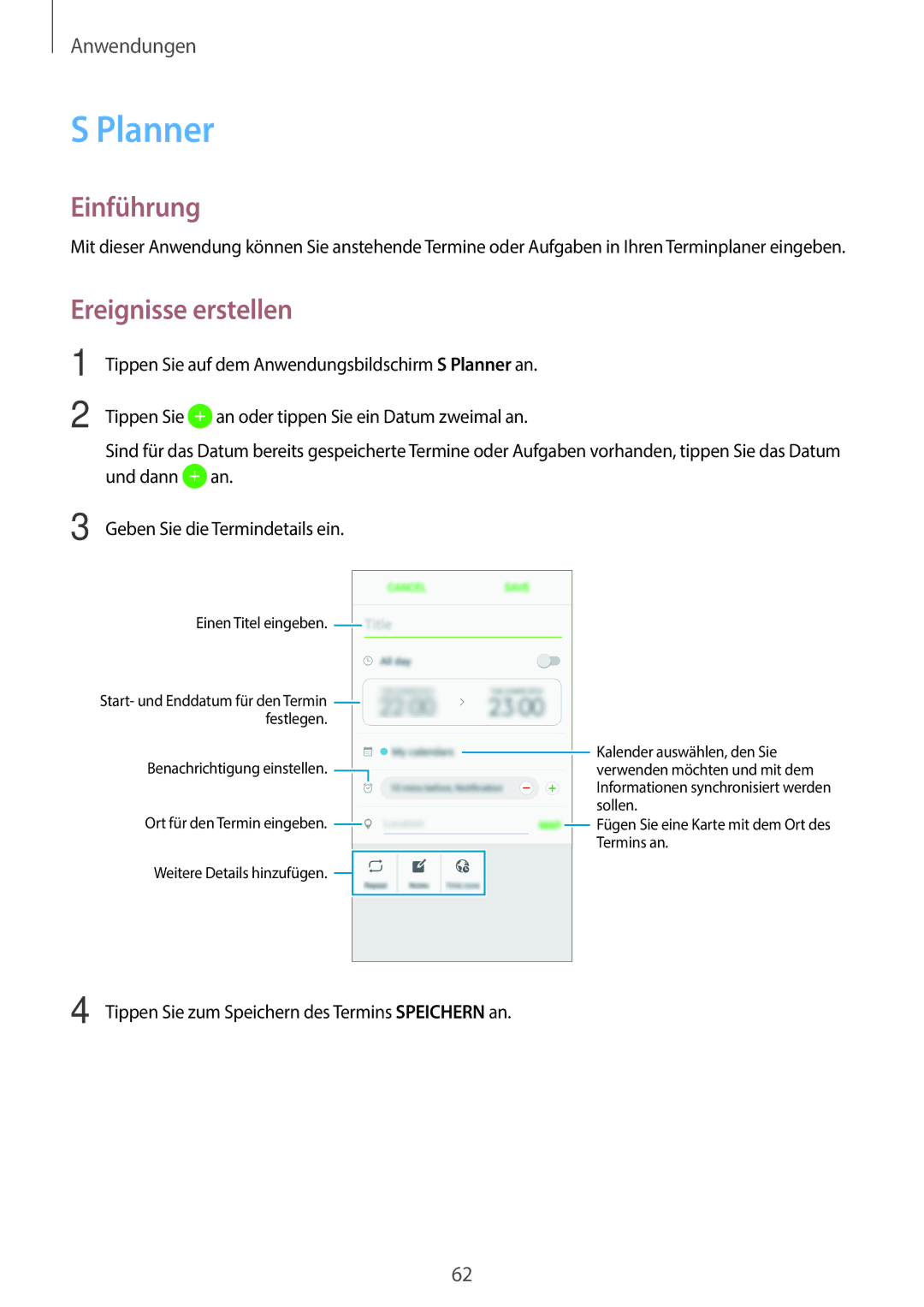 Samsung SM-G903FZSADBT, SM-G903FZKADBT, SM-G903FZDADBT manual Planner, Ereignisse erstellen 