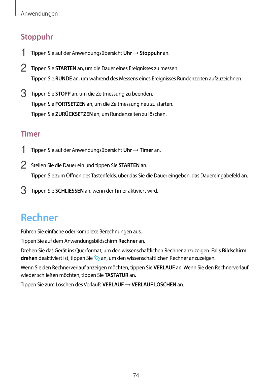 Samsung SM-G903FZSADBT, SM-G903FZKADBT, SM-G903FZDADBT manual Rechner, Stoppuhr, Timer 