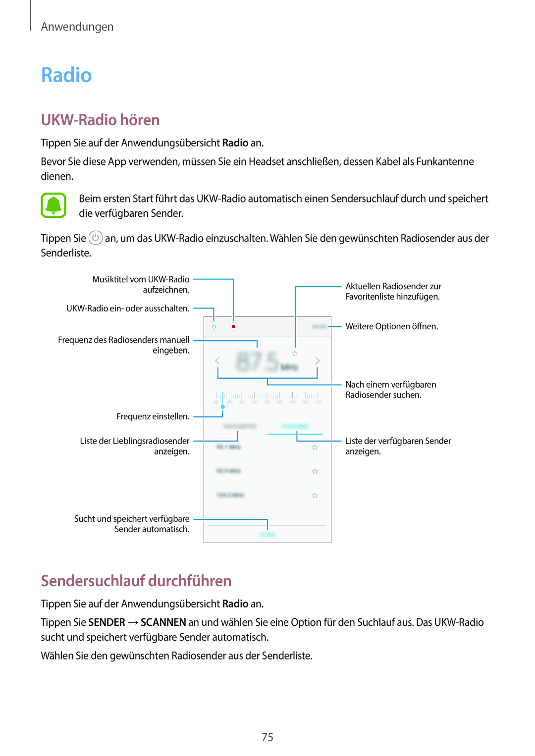 Samsung SM-G903FZKADBT, SM-G903FZDADBT, SM-G903FZSADBT manual UKW-Radio hören, Sendersuchlauf durchführen 