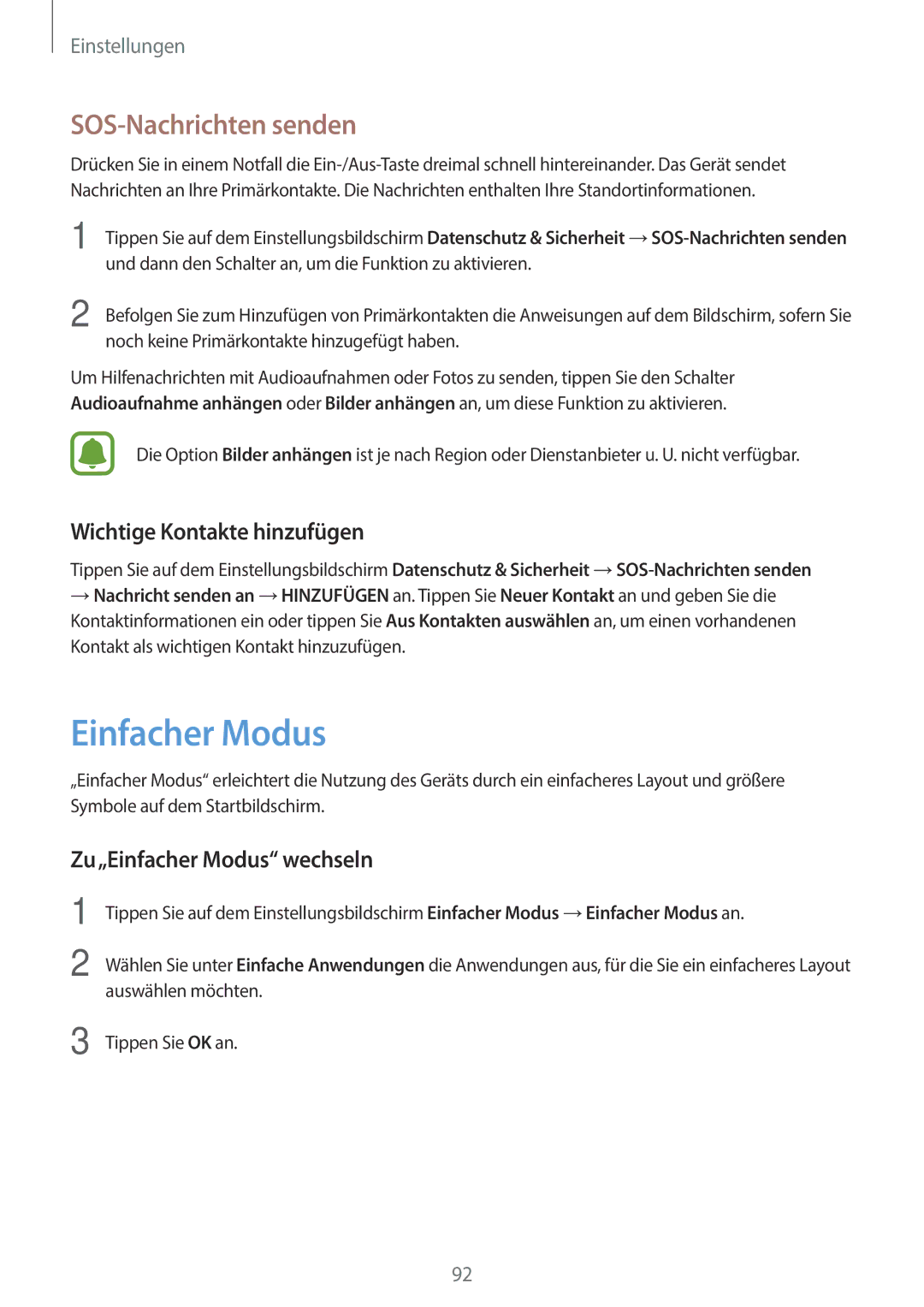 Samsung SM-G903FZSADBT manual SOS-Nachrichten senden, Wichtige Kontakte hinzufügen, Zu„Einfacher Modus wechseln 