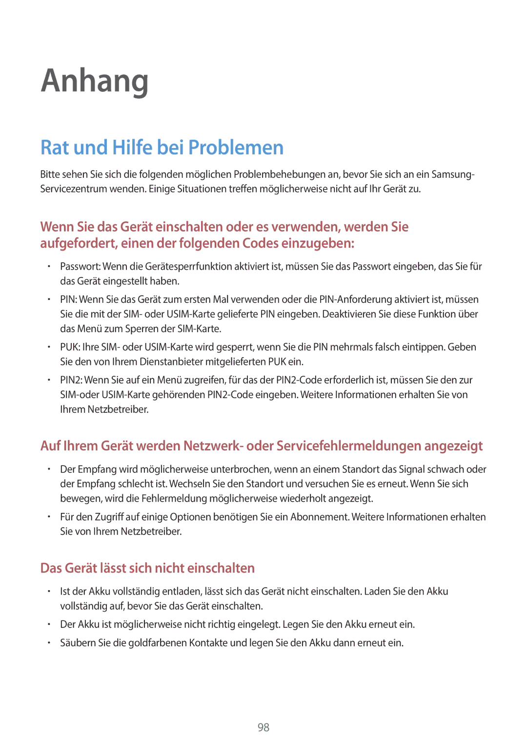 Samsung SM-G903FZSADBT, SM-G903FZKADBT, SM-G903FZDADBT manual Anhang, Rat und Hilfe bei Problemen 