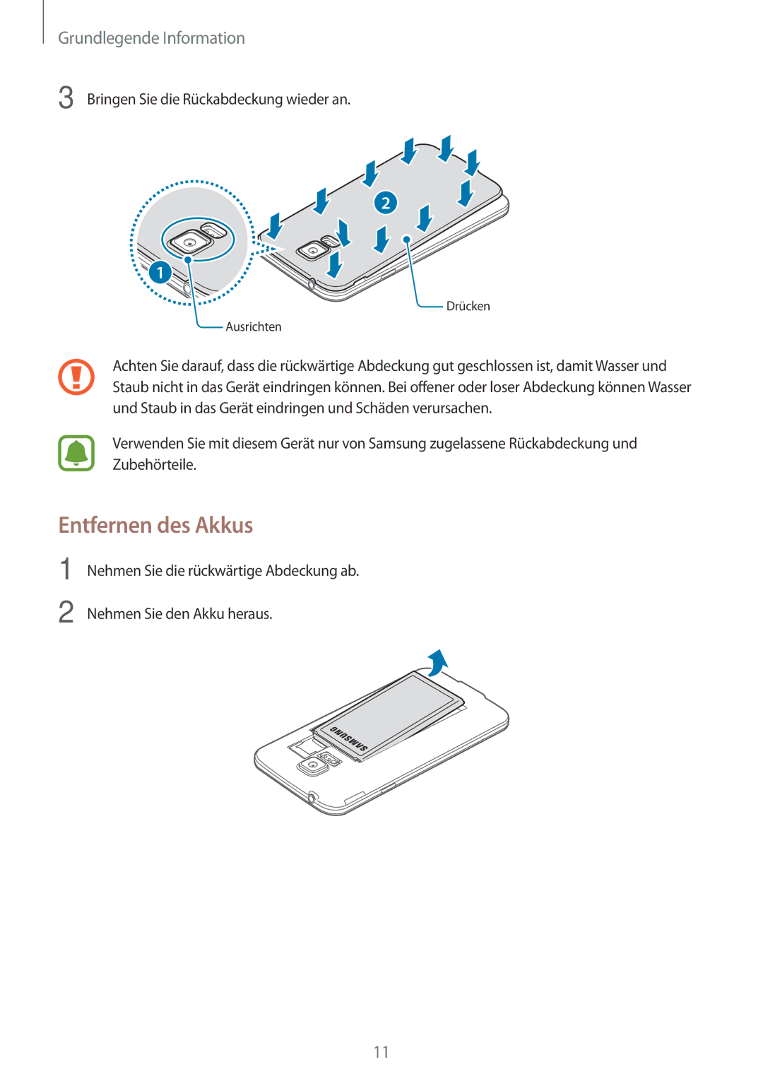 Samsung SM-G903FZSADBT, SM-G903FZKADBT, SM-G903FZDADBT manual Entfernen des Akkus, Bringen Sie die Rückabdeckung wieder an 