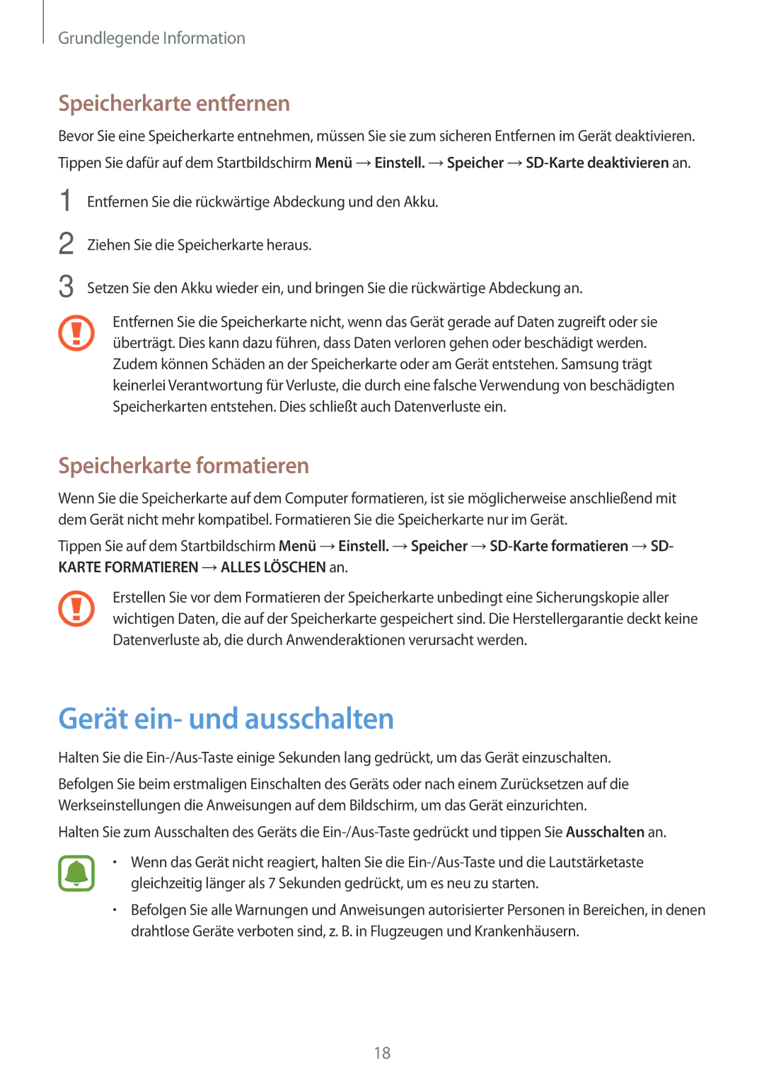 Samsung SM-G903FZKADBT, SM-G903FZDADBT manual Gerät ein- und ausschalten, Speicherkarte entfernen, Speicherkarte formatieren 