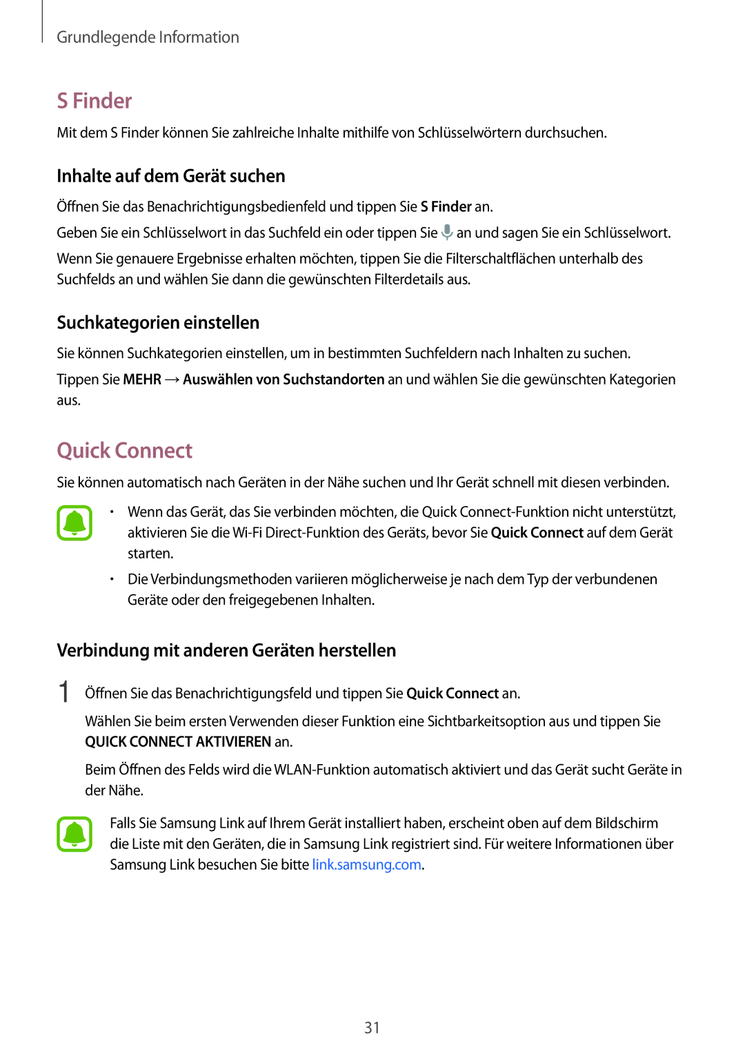 Samsung SM-G903FZDADBT, SM-G903FZKADBT manual Finder, Quick Connect, Inhalte auf dem Gerät suchen, Suchkategorien einstellen 