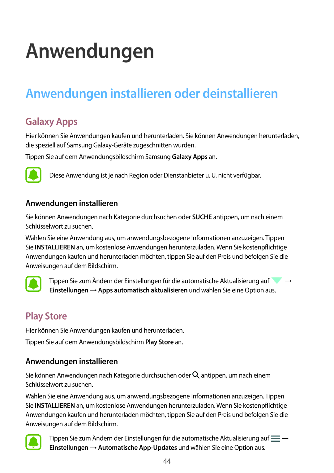 Samsung SM-G903FZSADBT, SM-G903FZKADBT manual Anwendungen installieren oder deinstallieren, Galaxy Apps, Play Store 