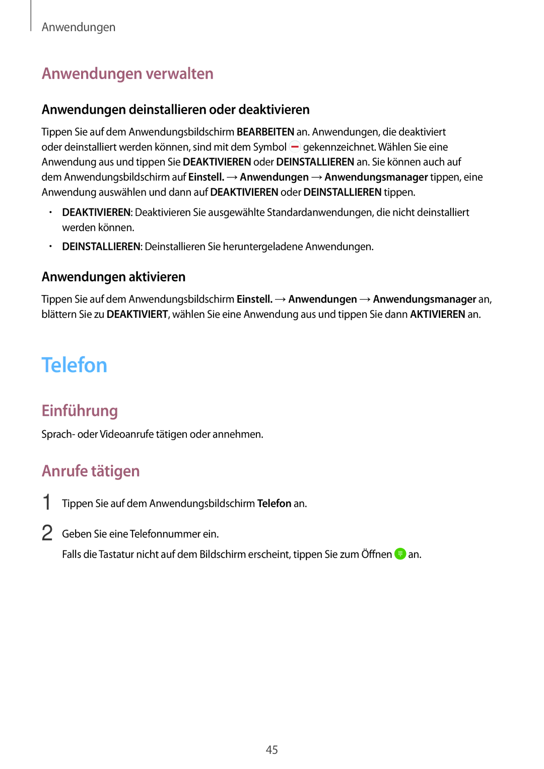 Samsung SM-G903FZKADBT manual Telefon, Anwendungen verwalten, Anrufe tätigen, Anwendungen deinstallieren oder deaktivieren 