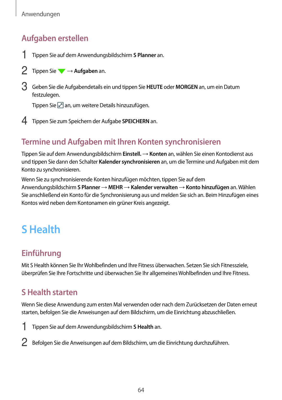 Samsung SM-G903FZDADBT manual Aufgaben erstellen, Termine und Aufgaben mit Ihren Konten synchronisieren, Health starten 